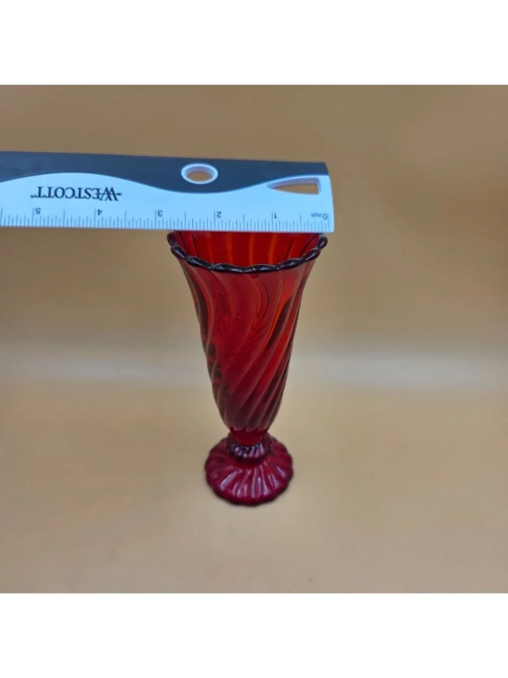 Fostoria Maypole Ruby Red Glass 6 Inch Bud Vase Swirl Footed Vintage